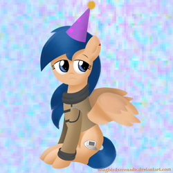 Size: 4000x4000 | Tagged: safe, artist:songbirdserenade, imported from derpibooru, oc, oc only, oc:white tail, pegasus, pony, clothes, female, hat, mare, party hat, sad, solo