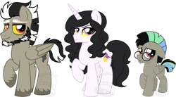 Size: 900x495 | Tagged: safe, artist:tambelon, imported from derpibooru, discord, oc, oc:mayhem, oc:paradox crisis, hybrid, pegasus, pony, unicorn, colt, family, female, glasses, interspecies offspring, male, mare, offspring, parent:discord, parent:princess celestia, parents:dislestia, siblings, species swap, stallion, watermark