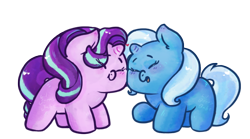 Size: 648x360 | Tagged: safe, artist:lil-berry-babe, artist:unclecucky, imported from derpibooru, starlight glimmer, trixie, pony, unicorn, :t, blushing, chibi, cute, diatrixes, duo, eyes closed, female, glimmerbetes, happy, heart, lesbian, mare, nuzzling, open mouth, raised hoof, shipping, simple background, smiling, squishy cheeks, startrix, transparent background