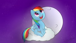 Size: 1191x670 | Tagged: safe, artist:my-little-poni, imported from derpibooru, rainbow dash, pony, cloud, female, full moon, moon, night, night sky, open mouth, smiling, solo