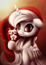 Size: 3508x4961 | Tagged: safe, artist:spectrumblaze, imported from derpibooru, oc, oc only, alicorn, pegasus, pony, absurd resolution, alicorn oc, female, flower, mare, sitting, solo