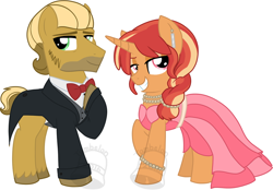 Size: 900x628 | Tagged: safe, artist:tambelon, imported from derpibooru, oc, oc only, oc:deep dish, oc:hoof work, earth pony, pony, unicorn, clothes, convention, dishoof, dress, female, jewelry, male, mare, necklace, stallion, tuxedo, watermark