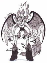 Size: 1690x2244 | Tagged: safe, artist:xenoteeth3, imported from derpibooru, sunset shimmer, equestria girls, angry, claws, clothes, drool, element of magic, female, monochrome, solo, sunset satan