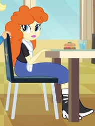 Size: 368x487 | Tagged: safe, imported from derpibooru, screencap, applejack, golden hazel, equestria girls, equestria girls (movie), boots, burger, chair, clothes, cropped, cup, food, golden hazel's boots, helping twilight win the crown, high heel boots, scarf