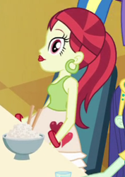 Size: 241x340 | Tagged: safe, imported from derpibooru, screencap, blueberry cake, rose heart, equestria girls, equestria girls (movie), bracelet, chopsticks, cropped, cup, ear piercing, earring, food, heart, helping twilight win the crown, jewelry, looking at you, piercing, rice