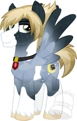 Size: 445x700 | Tagged: safe, artist:tambelon, imported from derpibooru, oc, oc only, oc:bedtime story, crystal pony, pegasus, pony, jewelry, male, pendant, ponysona, rule 63, solo, stallion, watermark