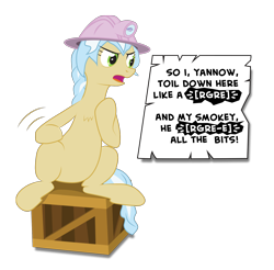 Size: 1852x1821 | Tagged: safe, artist:hotkinkajou, artist:lalieri, imported from derpibooru, ambrosia, cindy block, earth pony, pony, angry, censored, collaboration, crate, female, miner, simple background, sitting, solo, speech bubble, transparent background