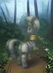 Size: 730x1000 | Tagged: safe, artist:elunian, imported from derpibooru, zecora, zebra, butt, female, forest, looking back, path, plot, raised hoof, solo