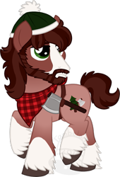 Size: 475x700 | Tagged: safe, artist:tambelon, imported from derpibooru, oc, oc only, oc:cabin fever, earth pony, pony, bandana, beard, cap, clothes, facial hair, hat, hatchet, lumberjack, male, solo, stallion, unshorn fetlocks, watermark