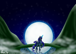 Size: 4092x2893 | Tagged: safe, artist:akane-ssan, imported from derpibooru, princess luna, absurd resolution, chest fluff, female, magic, mist, moon, moonrise, mountain, night, raised hoof, reflection, ripple, solo, stars, unshorn fetlocks, water