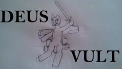 Size: 4160x2340 | Tagged: safe, artist:not-immortal, imported from derpibooru, oc, oc only, oc:sierra summit, original species, plane pony, pony, a-10 thunderbolt ii, absurd resolution, bad lighting, christianity, crusade, crusades, deus vult, meme, monochrome, pencil drawing, plane, religion, solo, sword, traditional art, weapon