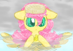 Size: 521x367 | Tagged: safe, artist:kagalicious, imported from derpibooru, fluttershy, bathing, bust, female, floppy ears, hoof hold, looking at you, portrait, rubber duck, solo, spread wings, water