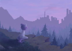 Size: 1600x1132 | Tagged: safe, artist:orchidpony, imported from derpibooru, oc, oc only, oc:orchid, earth pony, pony, city, forest, looking away, outdoors, rear view, scenery, sitting, solo, three quarter view, windswept mane