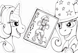 Size: 822x561 | Tagged: safe, artist:fishiewishes, imported from derpibooru, starlight glimmer, trixie, oc, pony, unicorn, card, grin, magic, smiling, traditional art, trapped