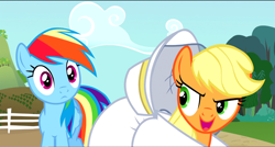 Size: 1360x730 | Tagged: safe, imported from derpibooru, screencap, applejack, rainbow dash, pony, castle mane-ia, beekeeper