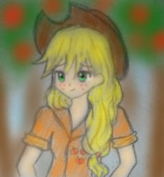 Size: 477x515 | Tagged: safe, artist:honerablerosemary, imported from derpibooru, applejack, human, female, humanized, smiling, solo