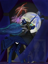 Size: 1725x2300 | Tagged: safe, artist:scrap-lord, imported from derpibooru, princess luna, balcony, carnival, cloak, clothes, drapes, feather, female, fireworks, glowing eyes, mask, moon, solo, tail feathers