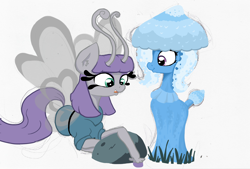 Size: 2308x1558 | Tagged: safe, artist:paskanaakka, derpibooru exclusive, imported from derpibooru, maud pie, trixie, breezie, mushroom pony, original species, breeziefied, colored hooves, female, lesbian, mauxie, mauzie, mushroom, rock, shipping, shroomsie, simple background, species swap