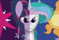 Size: 2200x1500 | Tagged: safe, artist:scrap-lord, imported from derpibooru, princess celestia, twilight sparkle, angry, looking at you, split screen, text, unamused