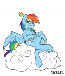 Size: 1024x1196 | Tagged: safe, artist:neoncel, imported from derpibooru, rainbow dash, pegasus, pony, chest fluff, cloud, female, looking at you, mare, raised eyebrow, simple background, sitting, smiling, solo, spread wings, underhoof, white background, wings