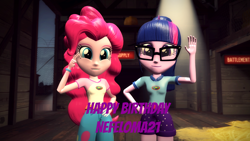 Size: 1920x1080 | Tagged: safe, artist:razethebeast, imported from derpibooru, pinkie pie, sci-twi, twilight sparkle, equestria girls, legend of everfree, 3d, balloon, bracelet, camp everfree outfits, clothes, cute, glasses, happy birthday, jewelry, shorts, source filmmaker