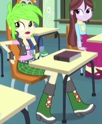 Size: 253x308 | Tagged: safe, imported from derpibooru, screencap, cherry crash, snips, velvet sky, equestria girls, friendship games, book, boots, cherry, clothes, cropped, ear piercing, earring, fingerless gloves, food, gloves, high heel boots, jewelry, piercing, raised leg, shoes