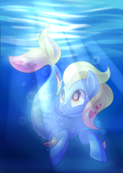 Size: 2000x2800 | Tagged: safe, artist:drawntildawn, imported from derpibooru, oc, oc only, pony, seapony (g4), bubble, crepuscular rays, female, fins, fish tail, heart, mare, ocean, orange eyes, seaponified, smiling, solo, species swap, sunlight, swimming, tail, underwater, water