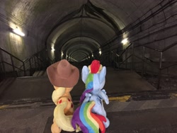 Size: 3264x2448 | Tagged: safe, artist:setorin5, imported from derpibooru, applejack, rainbow dash, 4de, appledash, female, irl, japan, lesbian, photo, plushie, ponies around the world, shipping, stairs, travelling, tunnel