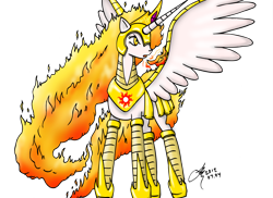 Size: 2883x2100 | Tagged: safe, artist:arconius, imported from derpibooru, nightmare star, princess celestia, alicorn, pony, armor, female, fire, mare, simple background, solo, spread wings, transparent background