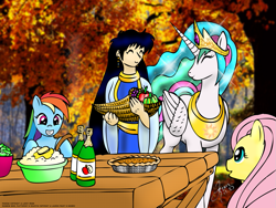 Size: 1105x833 | Tagged: safe, artist:arconius, imported from derpibooru, fluttershy, princess celestia, rainbow dash, alicorn, human, pegasus, pony, cornucopia, crossover, eyes closed, female, food, mai waifus have met, mare, pharina