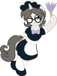 Size: 1556x2052 | Tagged: safe, artist:digiqrow, imported from derpibooru, oc, oc only, oc:solaria, pony, unicorn, bipedal, clothes, duster, female, glasses, maid, mare, shoes, simple background, solo, transparent background, vector