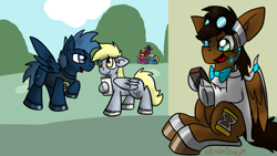 Size: 1024x576 | Tagged: safe, artist:usagi-zakura, imported from derpibooru, derpy hooves, star hunter, oc, oc:mister clever, pegasus, pony, blossom (powerpuff girls), bubbles (powerpuff girls), crossover, doctor horrible, doctor who, female, ianto, jack harkness, mare, the powerpuff girls, torchwood