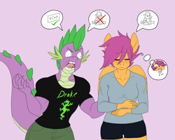 Size: 1500x1200 | Tagged: safe, artist:lurking tyger, imported from derpibooru, scootaloo, spike, anthro, blushing, clothes, eyes closed, female, freakout, male, older, older spike, prank, scootaspike, shipping, shirt, shorts, smiling, straight, virgin, wide hips