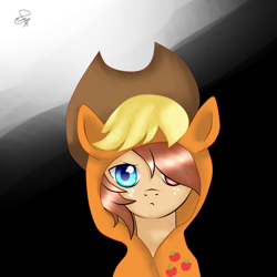 Size: 3000x3000 | Tagged: safe, artist:php23, deleted from derpibooru, imported from derpibooru, applejack, oc, oc only, clothes, costume, freckles, heterochromia, hoodie, kigurumi, male, solo