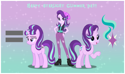 Size: 2544x1520 | Tagged: safe, artist:andoanimalia, artist:dashiesparkle, artist:sunsetshimmer333, imported from derpibooru, starlight glimmer, pony, unicorn, equestria girls, mirror magic, spoiler:eqg specials, abstract background, beanie, boots, clothes, equal cutie mark, evil, female, good, hand on hip, hat, high heel boots, looking at you, mare, open mouth, pants, raised hoof, self paradox, self ponidox, solo, sparkles, starlight glimmer day, stars, text, triple the glimmer, underhoof