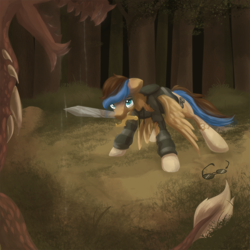 Size: 1200x1200 | Tagged: safe, artist:amura-of-jupiter, artist:tiothebeetle, imported from derpibooru, oc, oc only, oc:playthrough, dragon, pegasus, pony, broken glasses, bruised, clothes, fight, forest, glasses, hoodie, male, spread wings, stallion, sword, torn clothes, tree, weapon