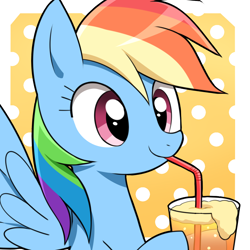 Size: 1300x1300 | Tagged: safe, artist:ryuu, imported from derpibooru, rainbow dash, pegasus, pony, abstract background, cider, cute, dashabetes, drink, drinking, drinking straw, female, glass, hoof hold, mare, sipping, smiling, solo, spread wings, straw, wings