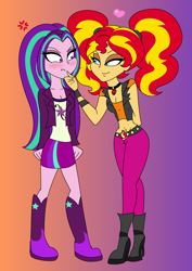 Size: 1560x2208 | Tagged: safe, artist:purfectprincessgirl, imported from derpibooru, aria blaze, sunset shimmer, equestria girls, rainbow rocks, blushing, boots, breasts, cleavage, clothes, female, heart, high heel boots, jacket, jewelry, lesbian, lidded eyes, looking at each other, pendant, pigtails, shipping, skirt, sunblaze, twintails