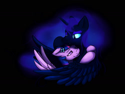 Size: 2000x1500 | Tagged: safe, artist:hieronymuswhite, imported from derpibooru, nightmare moon, twilight sparkle, alicorn, pony, fangs, female, flower, flower in hair, hug, lesbian, shipping, twilight sparkle (alicorn), twimoon