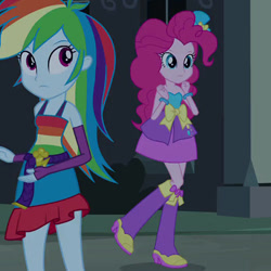 Size: 500x500 | Tagged: safe, imported from derpibooru, screencap, pinkie pie, rainbow dash, equestria girls, equestria girls (movie), balloon, boots, bracelet, cropped, fall formal outfits, hat, high heel boots, jewelry, raised leg, top hat