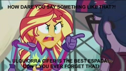 Size: 1280x720 | Tagged: safe, edit, edited screencap, imported from derpibooru, screencap, sci-twi, sunset shimmer, twilight sparkle, equestria girls, friendship games, angry, bleach (manga), caption, exploitable meme, image macro, meme, sunset yells at twilight