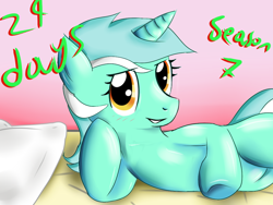 Size: 1024x768 | Tagged: safe, artist:katakiuchi4u, imported from derpibooru, part of a set, lyra heartstrings, season 7, blushing, countdown to season 7, female, hoof on chin, looking at you, on side, pose, side, solo