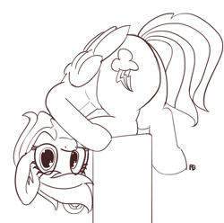 Size: 1280x1269 | Tagged: safe, artist:pabbley, imported from derpibooru, rainbow dash, pony, balancing, behaving like a cat, female, looking at you, monochrome, silly, silly pony, simple background, solo, upside down, white background