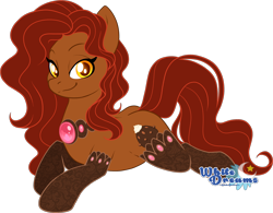 Size: 2526x1972 | Tagged: safe, artist:xwhitedreamsx, imported from derpibooru, oc, oc only, oc:raspberry praline, earth pony, pony, clothes, commission, female, jewelry, looking at you, mare, necklace, prone, simple background, smiling, solo, stockings, thigh highs, transparent background