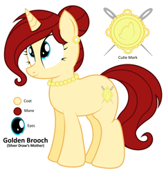 Size: 1923x2000 | Tagged: safe, artist:an-tonio, imported from derpibooru, oc, oc only, oc:golden brooch, pony, unicorn, chubby, earring, female, hair bun, jewelry, mare, mother, necklace, pearl necklace, plump, reference sheet, simple background, solo, white background