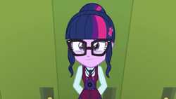 Size: 854x480 | Tagged: safe, imported from derpibooru, screencap, sci-twi, twilight sparkle, equestria girls, friendship games, clothes, crystal prep academy uniform, glasses, hands behind back, looking at you, magic capture device, school uniform, smiling