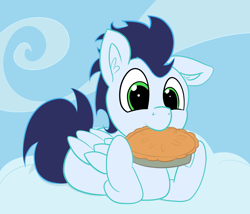 Size: 1280x1095 | Tagged: safe, artist:pabbley, artist:php47, edit, imported from derpibooru, soarin', pegasus, pony, colored, cute, eating, floppy ears, food, male, nom, pie, simple background, solo, stallion, that pony sure does love pies