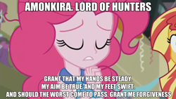 Size: 1136x640 | Tagged: safe, artist:dtavs.exe, edit, edited screencap, editor:dtavs.exe, imported from derpibooru, screencap, mystery mint, pinkie pie, sunset shimmer, equestria girls, exploitable meme, image macro, jewelry, mass effect, meme, necktie, pinkie pie praying