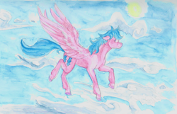 Size: 2287x1477 | Tagged: safe, artist:fullmoondagger, imported from derpibooru, firefly, pegasus, pony, cloud, female, flying, g1, sky, smiling, solo, sun, traditional art, wings