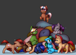 Size: 4200x3000 | Tagged: safe, artist:captainpudgemuffin, imported from derpibooru, oc, oc only, oc:avery softequine, oc:latch, oc:neutrino burst, oc:stream, hippogriff, pegasus, pony, unicorn, absurd resolution, blushing, commission, cute, female, group, male, mare, ocbetes, pillow, raised hoof, smiling, stallion, ych result